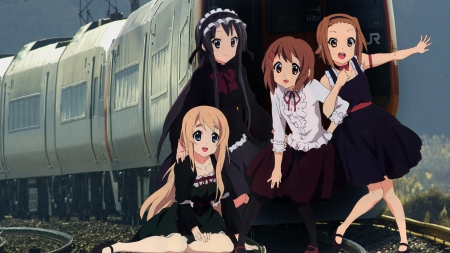 K-On - girls, anime girls, skirt, long hair, black hair, females, brown hair, train, picture, blonde hair, k-on, france, short hair, dress