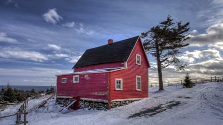 wonderful red farmhouse in winter - house, red, farm, tree, winternhill