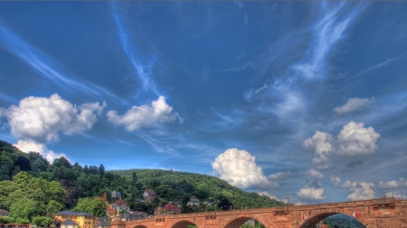 bridge in heidelberg over the neckar river - hill, town, forest, sky, bridge