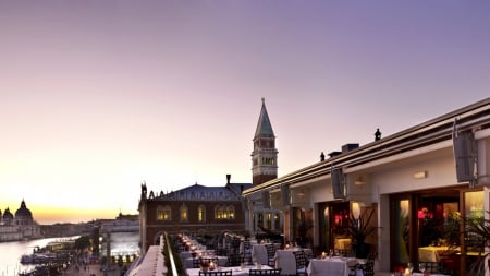 restaurant on a beautiful evening in venice - restaurant, chairs, tables, evening, city, harbor