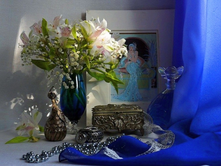 Lily elegance - lilies, silver, light, bottle, royal blue, jewellry, vase