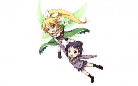 SAO ~ Chibi - white backgrouns, blonde hair, long hair, short hair, unifrom, pony tail, sword art online, chibi, fairy, anime girls