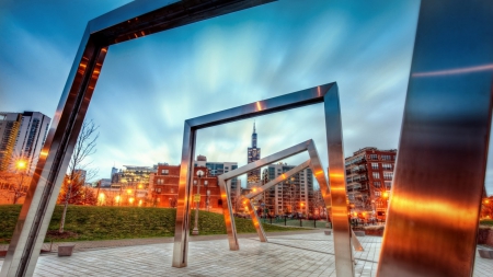 modern metal statue in a chicago park at dusk - metal, dusk, modern, statue, city, park