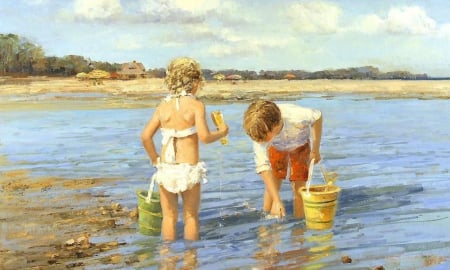 Day at the Beach - watercolor, beach, ocean, children