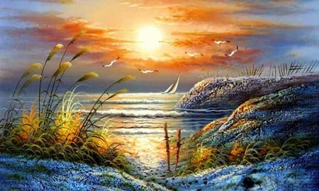 Peaceful Sunset - watercolor, summer, beach, sunset