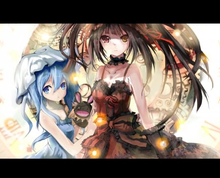 Dark Girls - dresses, anime, blue, beautiful, beauty, fireflies, sweet, dark, girls, black, red, cute