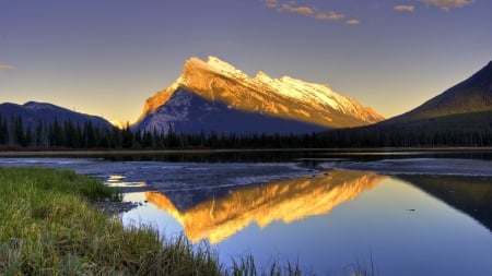 Mirror of the mountain - landscape, scene, grass, sunrise, forest, reflection, dawn, mirror, field, sky, water, HD, nature, sunset, lakes, moutnains, wallpaper