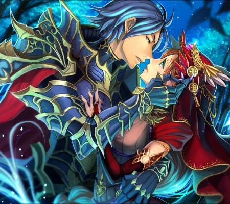 Sweet Couple - anime, warrior, blue, beautiful, girl, guy, beauty, lovely, love, man, boy, armor, woman, princess, kiss, couple