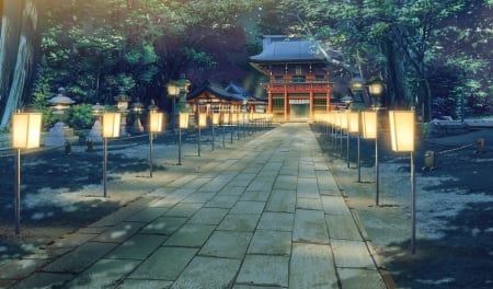 Shrine Path - anime, scenery, landscape, scene, lamp, light, plant, path, japan, shrine, oriental, bricks, hd, realistic, brick, road, scenic, tree, street, cg, nature, temple, 3d, japanese