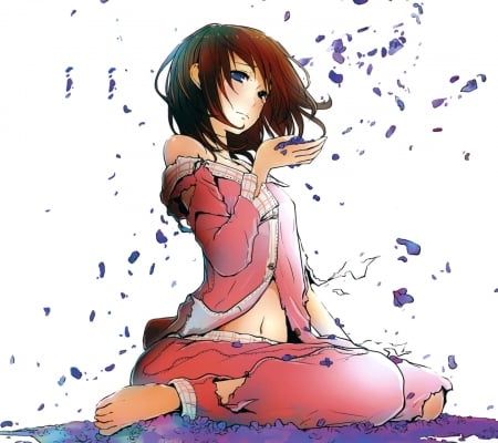 Falling Petals - beauty, girl, seet, lovely, wind, white, pink, petals, beautiful, pijama, anime, cute