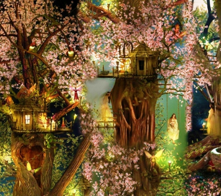 Tree Houses - beauty, girls, houses, landscape, elfs, magic, lovely, cherry tree, forest, beautiful, anime, tree, cute