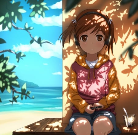 The Shade - anime, kawaii, female, long hair, short hair, headphones, sad, sky, anime girl, shades, girl, brown hair, shadow, shirt, blouse, cloud, cute, shade