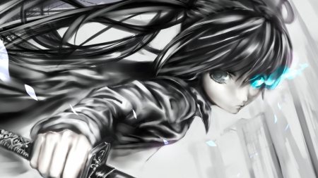 Blackâ˜…Rock Shooter - realistic, close up, female, hot, simple, anime girl, black, blade, black hair, sinister, dark, anime, sword, cute, sexy, girl, warrior, long hair, shooter, cg, hd, glow, 3d, plain, weapon, serious, black rock shooter