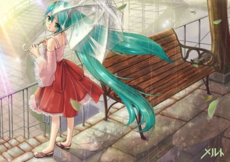 Hatsune Miku - hot, anime girl, umbrella, hatsune miku, sexy, skirt, long hair, nd, vocaloids, vocaloid, leaves, sweet, dress, nice, female, twintail, leaf, bench, windy, pretty, anime, blouse, miku, twin tail, cute, girl, twintails, gown, lovely, hatsune, twin tails, breeze, green hair