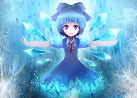 Cirno - gown, cute, anime girl, adorable, girl, sparks, wings, light, fairy, blue hair, touhou, glow, pretty, kawaii, short hair, cirno, wing, sweet, anime, dress, nice, lovely, female