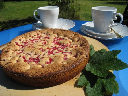 Currant Cake - currant, cake, cake-plate, table, tea-cups, summer, garden