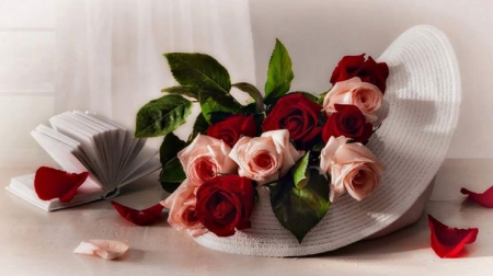 ♥ roses in a hat ♥ - hat, roses, flowers, still life