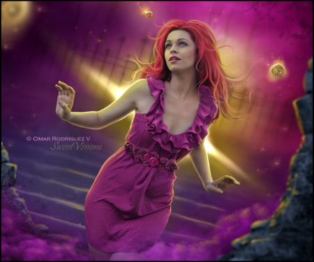 ~Sweet Venom~ - people, creative pre-made, photomanipulation, beautiful girls, deep pink, clock tower, clouds, moon, sweet venom, softness beauty, tower, backgrounds, girl, digital art, colors, colorful, fantasy, redhead, woman, model, rocks