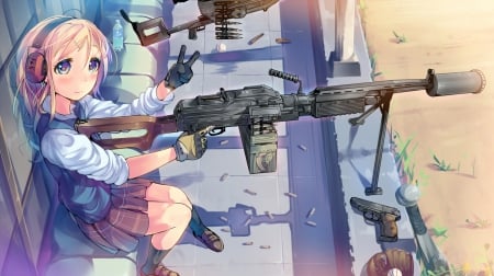 Anime - lmg, bullets, headphones, anime, weapon, baseball