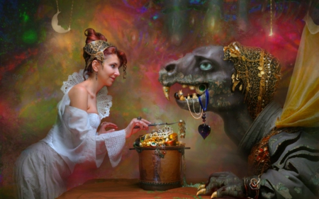 Wealthy dinner - monster, abstract, woman, bucket, jewelries