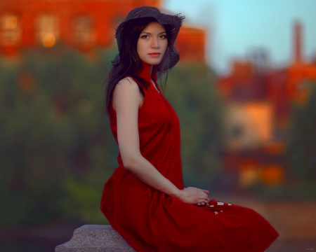 Lady in red - red dress, model, hat, brunette, woman, sitting