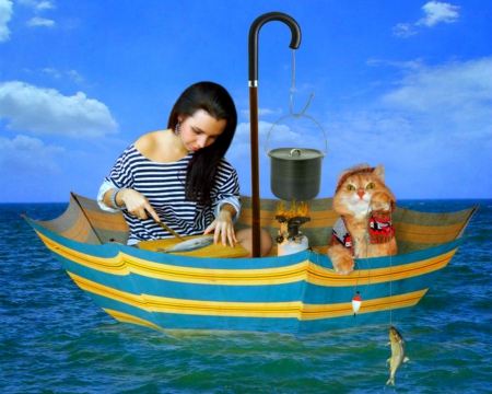 Good new day - woman, sea, 3d, fish, art, cat