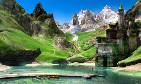 Fantasy Landscape - lake, mountains, sculpture, castle, nature