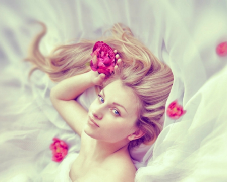 Pretty face - flowers, face, blond, lying