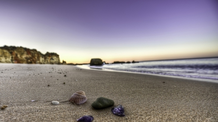 Evening on the beach - water, beach, evening, sea, ocean, sand, shell, nature, purple, sky