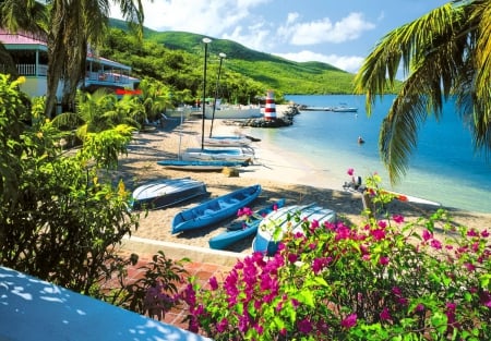 Tropical beach - relax, summer, beach, island, flowers, shore, hotel, nice, sky, breeze, palms, trees, beautiful, vacation, sea, lovely, ocean, rest, tropics, boats, wind, nature, tropical, destination, sands