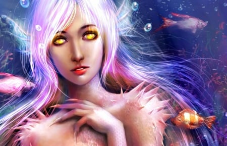 Mermaid - animal, pink, water, girl, blue, creature, fantasy, mermaid, fish, orange, yellow eyes, woman