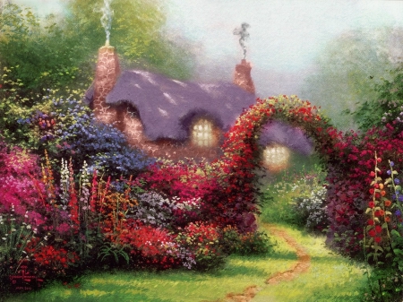 FANTASY COTTAGE - cottage, building, landscape, smoke, fashion, gardens, beautiful, grass roof, flowers, old, lights