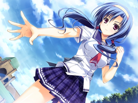 School Girl - nice, skirt, trees, brown eyes, blue sky, school anime girl, lovely, wind, unifrom, blue hair, blush