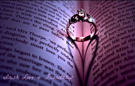 IRISH LOVE & FRIENDSHIP - ring, friendship, book, together, beautiful, photo, close up, love, romance, fantasy, heart, golden, lovely, reading, romantic