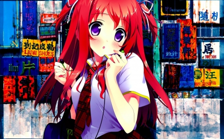 Kantoku - tie, red hair, earphones, Kantoku, blush, long hair, pruple eyes, uniform