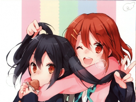 Yui & Nakano - blush, wink, lovely, long hair, yui, peace, happy, red eyes, k-on, nakano azusa, short hair, red hair, black hair, eating