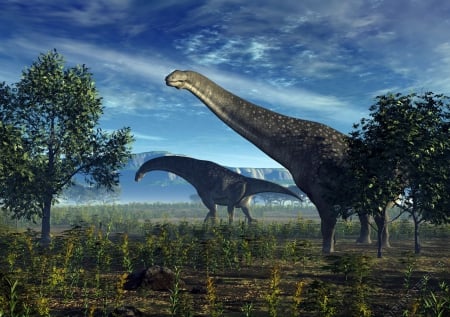 Isisaurus Colberti Pair - sky, dinosaurs, trees, animals