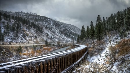 elevated train tracks in a river valley - river, tracks, winter, elevated, road, mountains, valley