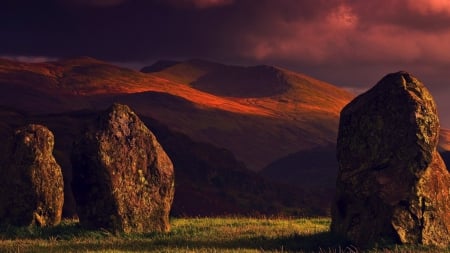 rock formation at sunset - sunset, formation, grass, mountains, rockes