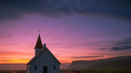 marvelous white church in iceland at twilight - white, church, twilight, sea, cliffs