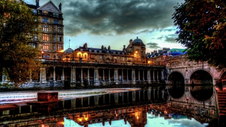 river and bridge in old bath england - river, embankment, lights, evening, city, bridge