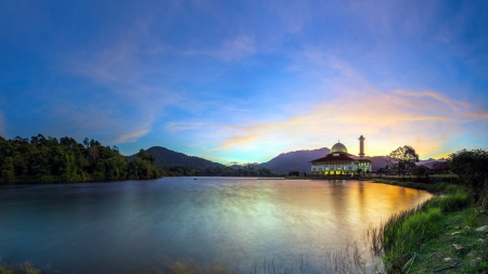 gorgeous mosque in kuala kubu baru malaysia - forest, river, mountains, sunrise, mosque