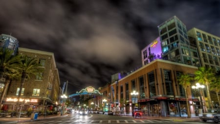 historic center of san diego hdr - clouds, street, stores, lights, hdr, city, night