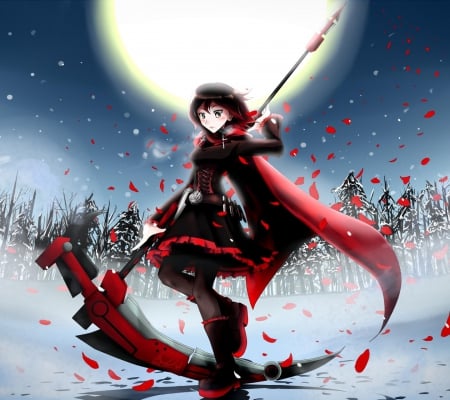 Warrior under the Moon - anime, warrior, snow, dress, forest, stars, red, weapon, moon, trees, fog, beautiful, girl, cape, beauty, lovely, petals, black, white, cute