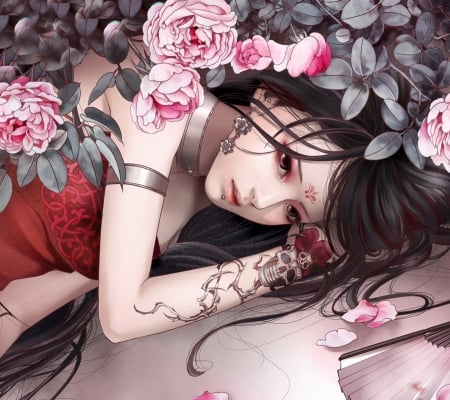 Sweet Girl & Roses - beauty, roses, girl, long hair, lovely, tattoo, pink, red, beautiful, anime, sweet, flowers, cute