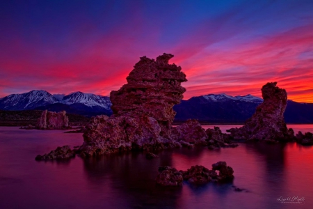 Lion of the lake - calm, formation, amazing, evening, reflection, mountain, purple, gorgeous, lake, nice, lion, sky, water, beautiful, beauty, lovely, stones, colorful, nature, sunset, dusk, rocks