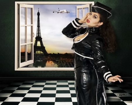 Oh, la, la, Paris - France, Paris, beautiful, window, girl, lovely, black, white, lady, view, Eiffel tower, woman, chess, nice, sky