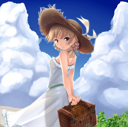 â™¡ Maiden â™¡ - gown, cute, braids, beautiful, hot, anime girl, girl, hat, cloud, sundress, pretty, short hair, beauty, sweet, brown hair, anime, dress, sky, bag, nice, cap, lovely, sexy, female