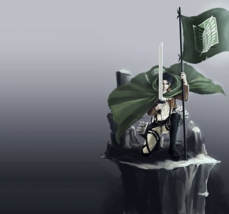 Levi - anime, warrior, guy, gloomy, boy, male, short hair, weapon, flag, shingeki no kyojin, creepy, hot, sword, cool, levi, blade, angry, handsome, sinister, sexy