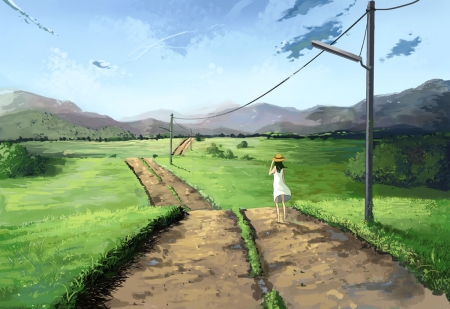 Nature - hat, clouds, wind, anime girl, nature, dress, sky